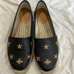 Gucci Pilar Golden Star Bees Black Leather Espadrilles